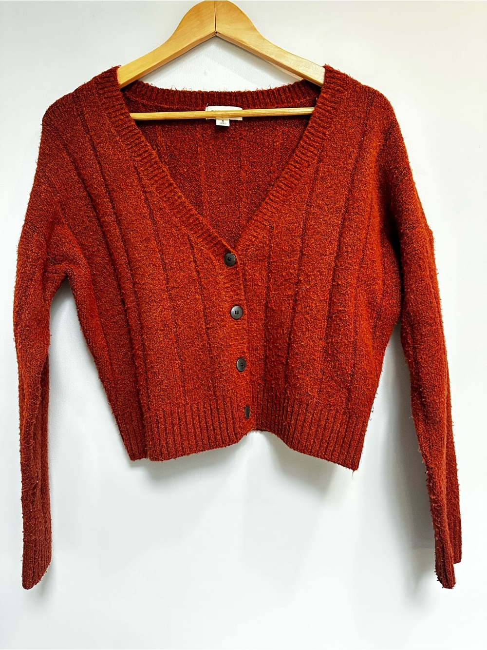 Rag Poets Cropped Cardigan Rust V‑Neck Button‑Down Women’s Small | Soft‎ Knit